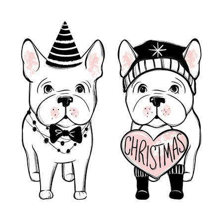 Merry Christmas illustration with funny dog. Hand drawn vector fのイラスト素材