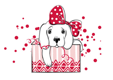 Christmas illustration with funny dog. Hand drawn vector labradoのイラスト素材