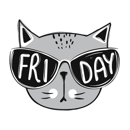 Card vector with cute fashion cat. Stylish kitten, doodle kitty kids animals print. Funny character cute illustration, trendy design.のイラスト素材