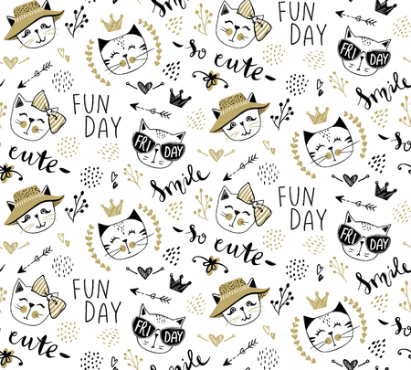 Vector fashion cat seamless pattern. Cute kitten illustration in sketch style. Cartoon animals background. Doodle kitty. Ideal for fabric, wallpaper, wrapping paper, textile, bedding, t-shirt print.のイラスト素材
