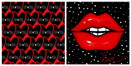 Stylish kit with fashion vector cards. Red glow lips,seamless heのイラスト素材