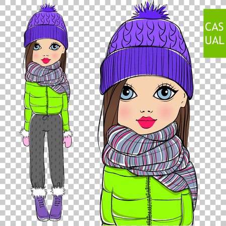 Cute vector fashionable girl on a transparent background.のイラスト素材