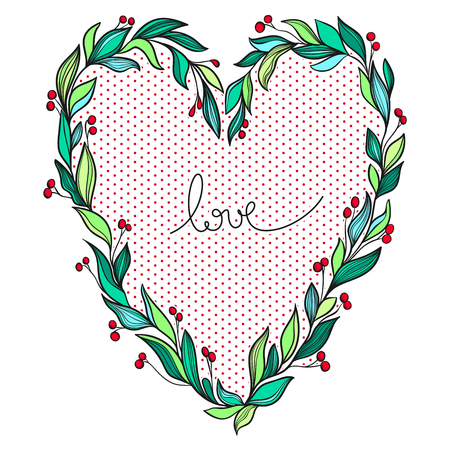 Heart with leaves and berries cute romantic vintage design.のイラスト素材