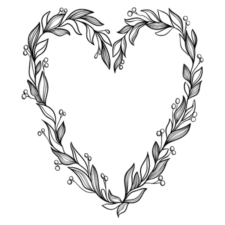 Vector Heart with leaves,berries and bow on a white background.Cute romantic design.Vintage style.Botanical frame for Happy Birthday,Valentines day.Hand drawn floral composition shape of a hearts.のイラスト素材