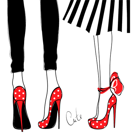 Vector girls in high heels. Fashion illustration. Female legs in shoes. Cute design. Trendy picture in vogue style. Fashionable women. Stylish ladies.のイラスト素材