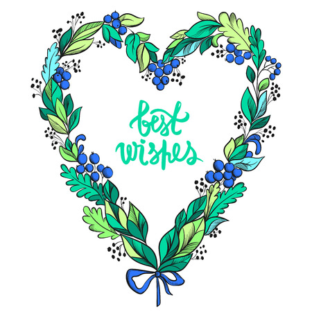Vector Heart with leaves, berries and bow. Cute romantic design. Vintage style.Best wishes. Greeting card for Happy Birthday, Valentines day. Hand drawn floral composition shape of a hearts.のイラスト素材