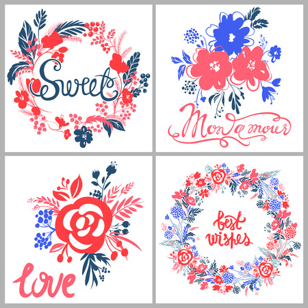 Vector kit of greeting card. Colorful floral design. Cute composition with abstract blooming elements for banner, posters, prints, party decorations.Best collection for Valentines day,Happy Birthday. のイラスト素材