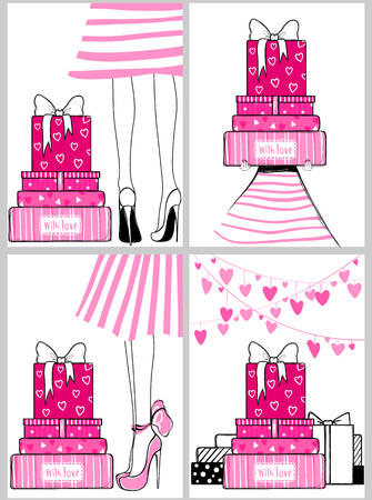 Vector kit of contemporary greeting cards for holidays design. Fashion illustration with cute girls in high heels, gift boxes and presents. Best collection for Valentines day, Happy Birthday. のイラスト素材
