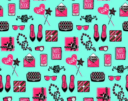 Vector seamless pattern with girls elements: shoes, hearts. glasses, bag, gift box, accessories, notebook, flower. Cute glamour repeat background. Trendy fashion design Stylish template for girl.のイラスト素材