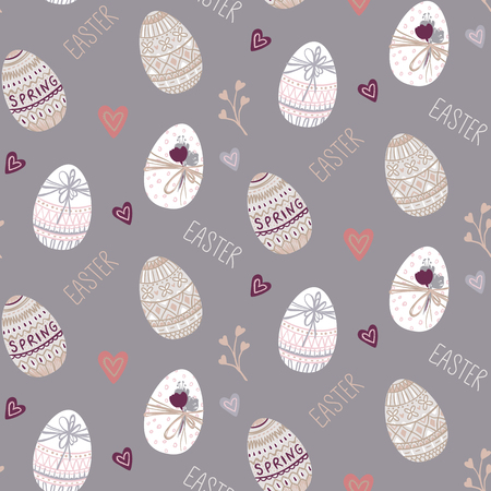 Vector Easter seamless pattern with eggs, hearts, flowers. Spring design. Happy Easter background. Ideal for wrapping paper, cover, textile.のイラスト素材