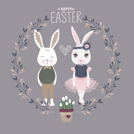 Vector Easter bunny with eggs. Spring illustration. Funny fashion rabbit. Happy Easter greeting card. Cute couple bunnies.のイラスト素材