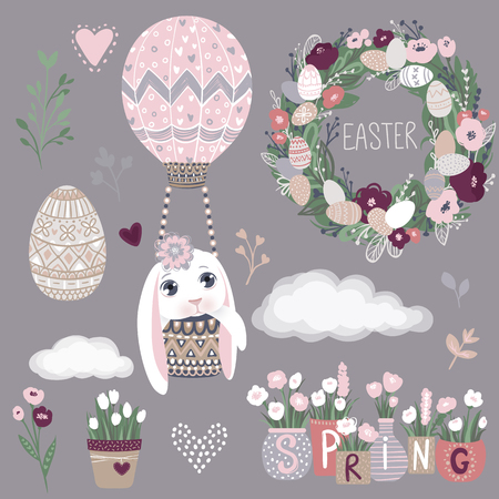 Vector Set of cute Happy Easter cartoon characters and design elements. Bunnies, Easter eggs, flowers, hearts. Spring illustration. Funny fashion rabbit.のイラスト素材