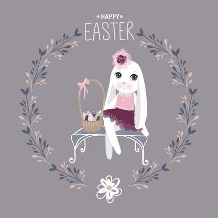 Vector Easter bunny with eggs. Spring illustration. Funny fashion rabbit. Happy Easter greeting card.のイラスト素材