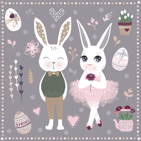 Vector Set of cute Happy Easter cartoon characters and design elements.のイラスト素材