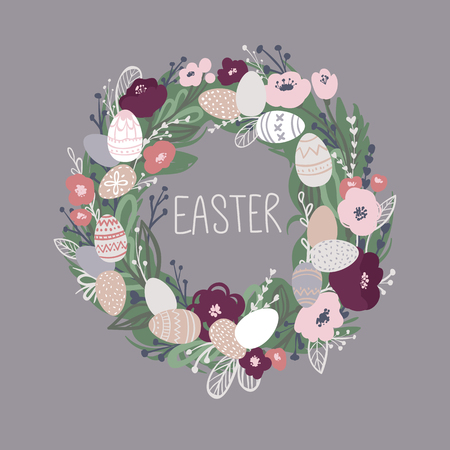 Easter wreath with flowers, leaves and eggs. Vector Greeting card. Spring illustration.のイラスト素材