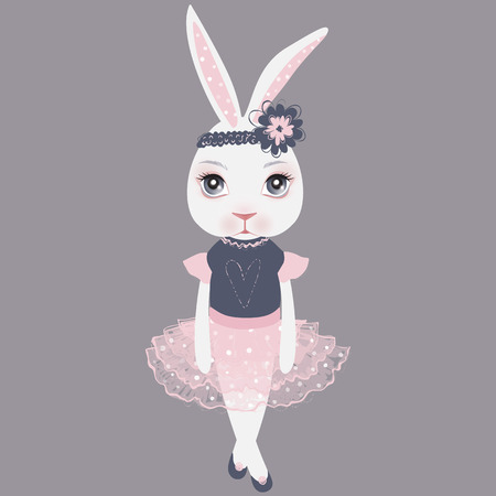 Vector cute bunny in a pink dress. Happy Easter illustration. Cartoon rabbit. Girl print design. Funny animals art. Hand drawn graphics.のイラスト素材