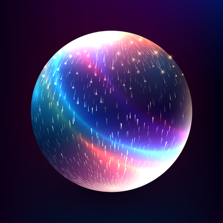 Vector abstract glowing magic sphere. 3d planet concept. Shape of glowing circles and particles. Futuristic globe. Neon lights planet. Illustration for presentations, party flyers, banners.のイラスト素材