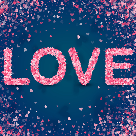 Happy valentines day concept. Heart vector pink confetti splash. Love background. Holiday design. Colorful serpentine. Be mine. Many flying hearts. For web and print, wallpaper, cards, posters banners.のイラスト素材