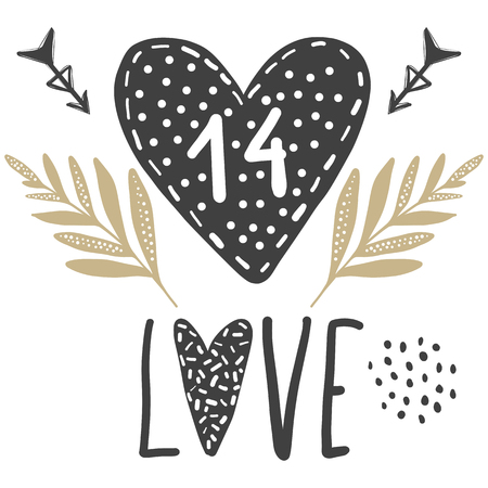 Vector greeting card with love word, hearts, arrows and leaves design.のイラスト素材