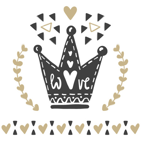 Vector greeting cards on Valentine's Day. Hearts, love, crown Doodle illustrations. Cute design Hand drawn art.  Romantic hand drawing poster.のイラスト素材