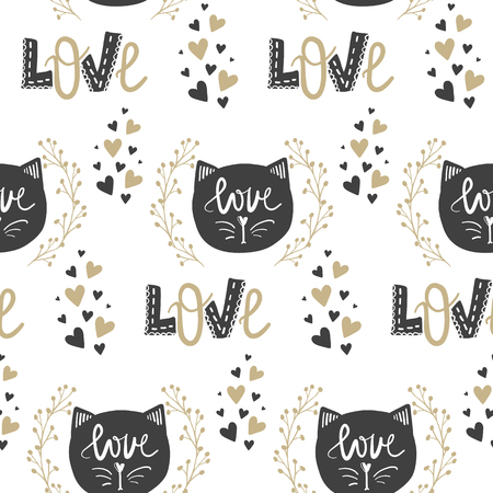 Cartoon seamless pattern of cat, hearts and love inscription.のイラスト素材