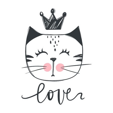 Vector card with cute fashion cat. Stylish kitten. Doodle Kitty. Kids animals print. Funny character. Cute illustration, trendy design.のイラスト素材