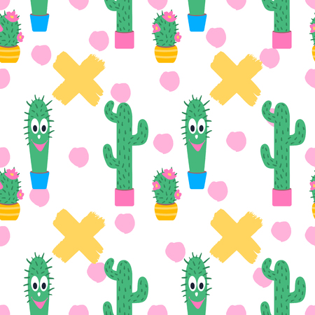 Vector seamless pattern with cactus. Summer bright background. Cartoon style. Ideal for fabric, wallpaper, wrapping paper, textile, bedding, t-shirt print.のイラスト素材