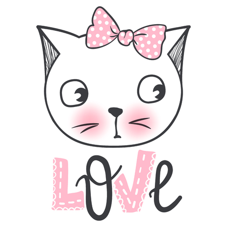 Vector cute fashion cat. Stylish kitten. Doodle Kitty. Kids animals print. Funny character. Cute illustration, trendy design. Naive art. Cats Love.のイラスト素材