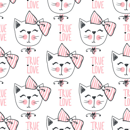 Fashion cat seamless pattern. Cute kitten background in sketch style. Cartoon animals. Doodle kitty. Stylish print.のイラスト素材