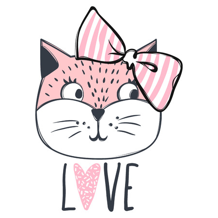 Cute cat vector design. Girly kittens. Fashion Cat's face. Animal print. Cartoon illustration in sketch style. Doodle Kitty. For the design of posters, T-shirts, cards.のイラスト素材