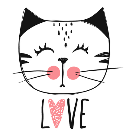 Cute cat vector design. Girly kittens. Fashion Cat's face. Animal print. Cartoon illustration in sketch style. Doodle Kitty. For the design of posters, T-shirts, cards.のイラスト素材