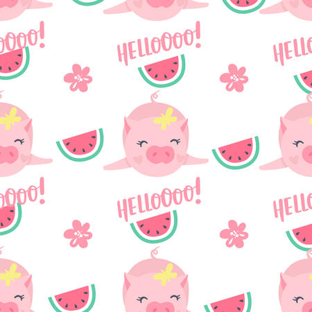 Vector seamless pattern with funny pigs. Elements for New Year's design. Symbol of 2019 on the Chinese calendar. Pig background isolated on white. Cartoon animals for wrapping paper, cards, bedding.のイラスト素材