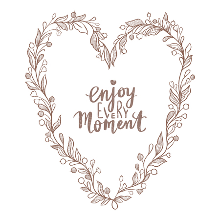 Heart with leaves, berries and bow. Cute romantic design. Vintage style. Sweet. Greeting card for Happy Birthday, Valentines day. Hand drawn floral composition shape of a hearts.のイラスト素材