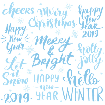Set Merry Christmas and Happy New Year 2019 Vector hand drawn lettering phrases. Modern brush calligraphy for blogs and social media. Holidays quotes for photo overlays, greeting cards, posters.のイラスト素材