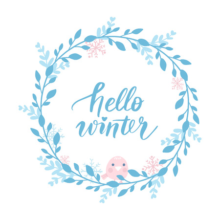 Merry Christmas and Happy New Year vector card. Holidays frame with leaves and branches. Jingle all the way - hand drawn lettering phrase for holidays design, greeting cards, posters.のイラスト素材