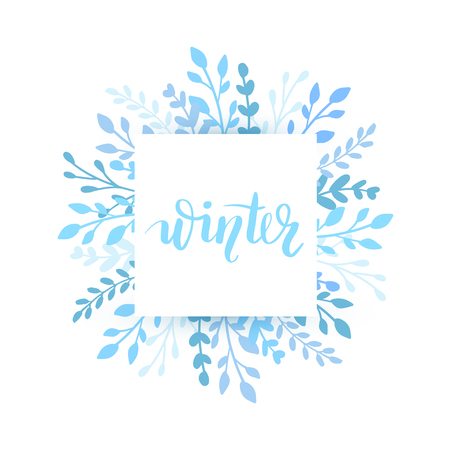 Merry Christmas and Happy New Year vector card. Holidays round frame with leaves and branches. Winter drawn lettering phrase for holidays design, greeting cards, posters on white background.のイラスト素材