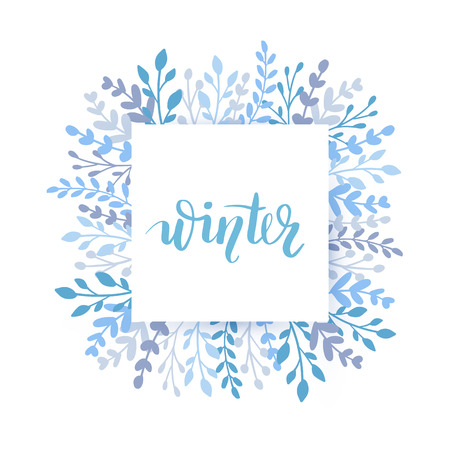 Merry Christmas and Happy New Year vector card. Holidays frame, border with leaves and branches. Hand drawn lettering phrase for holidays design, greeting cards, posters on white background.のイラスト素材