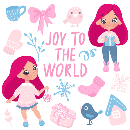 Merry Christmas and Happy New Year 2019 vector collection. Hand drawn Holidays set in cartoon style with cute girls, birds, gift boxes, snowflakes, winter elements and inscriptions.のイラスト素材