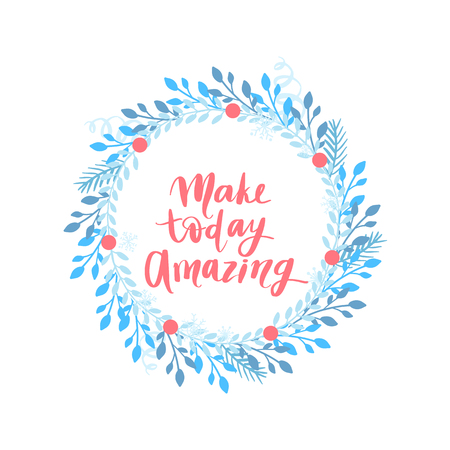 Merry Christmas and Happy New Year vector card. Frame, border with leaves and branches. Greeting cards. Hand drawn lettering phrase for holidays design, posters, postcards on white background.のイラスト素材