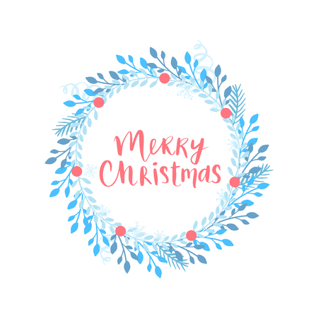 Merry Christmas and Happy New Year vector card. Frame, border with leaves and branches. Greeting cards. Hand drawn lettering phrase for holidays design, posters, postcards on white background.のイラスト素材