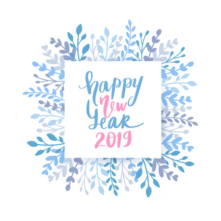 Merry Christmas and Happy New Year vector card. Holidays round frame with leaves and branches. Hand drawn lettering phrase for holidays design, greeting cards, posters on white background.のイラスト素材