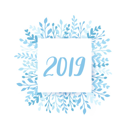 Merry Christmas and Happy New Year vector card. Frame, border with leaves and branches. Greeting cards. Hand drawn lettering phrase for holidays design, posters, postcards on white background.のイラスト素材