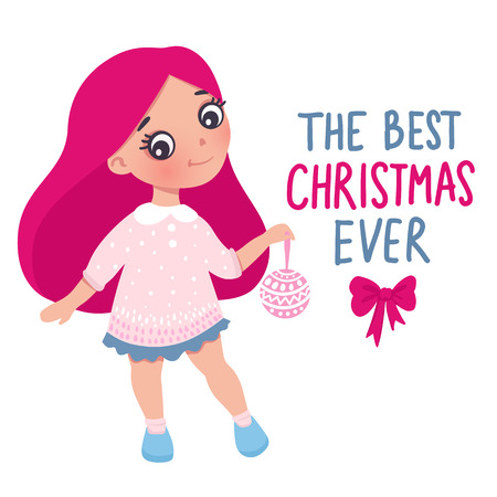 Vector cute little girl with New Year's toy. Cute character. Cartoon illustration. Merry Christmas and Happy New Year 2019 design. The best christmas ever.のイラスト素材
