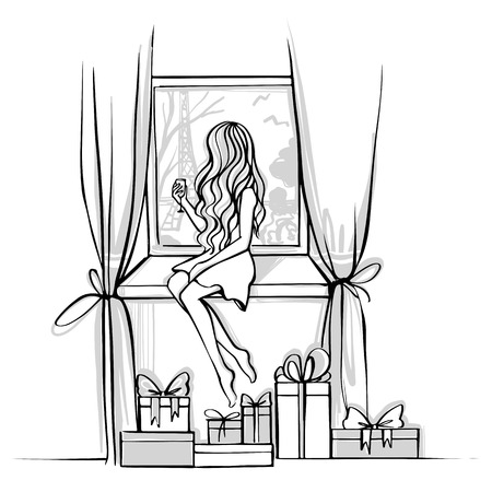 Merry Christmas and Happy New Year vector card. Xmas illustration with girl, gift boxes, glass of champagne. Beautiful woman sits on the windowsill. Christmas background. Fashion sketches.のイラスト素材