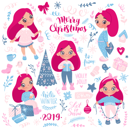 Merry Christmas and Happy New Year 2019 vector collection. Hand drawn Holidays set in cartoon style with cute girls, Christmas tree, gift boxes, snowflakes, winter elements and inscriptions.のイラスト素材