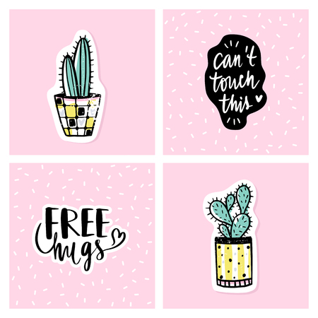 Vector set of bright cards with cactus and positive phrases. Doodle style. Hand drawn cute cacti. Fun posters in cartoon style. Prickly green houseplant.のイラスト素材