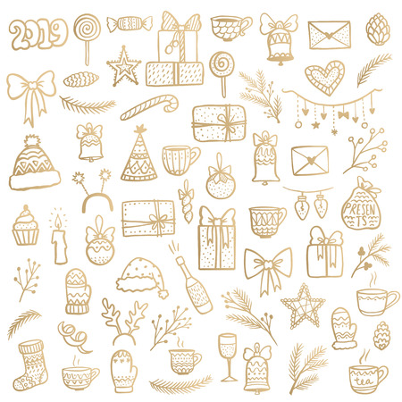 Golden Christmas line art set. Hand drawn winter elements. Holidays gold stickers. Merry Christmas and Happy New Year badges. Isolated on white.のイラスト素材