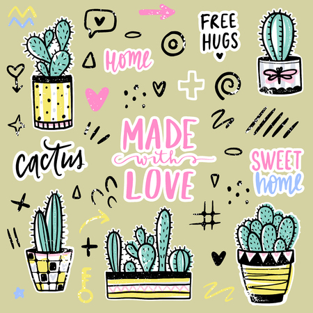 Vector set with cactuses, positive phrases, elements. Cute vector cactus. Hand drawn Bright stickers collection. Trendy patches, pins, badges. Prickly green houseplant. Doodle style.のイラスト素材