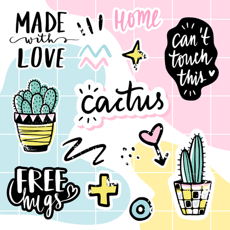 Vector set with cactuses, positive phrases, elements. Cute vector cactus. Hand drawn Bright stickers collection. Trendy patches, pins, badges. Prickly green houseplant. Doodle style.のイラスト素材