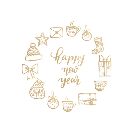 Golden Christmas line art card. Hand drawn winter elements. Holidays gold frame. Merry Christmas and Happy New Year design. Isolated on white.のイラスト素材